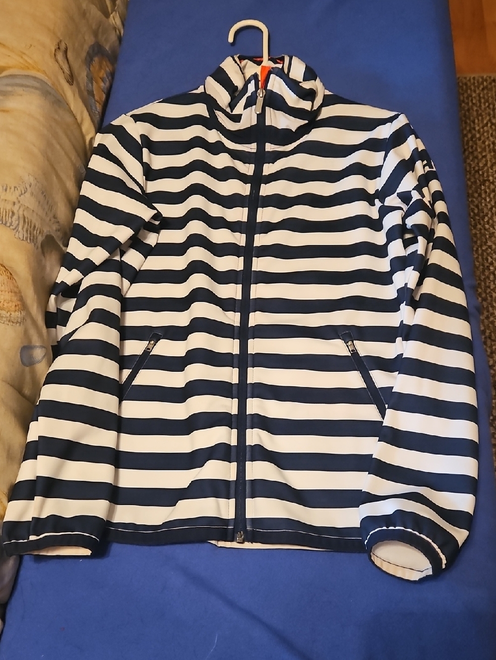 Helly Hansen Navy and White Striped Jacket with Branded Zipper